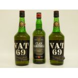 Two bottles of Vat 69 Scotch whisky 26 2/3 floz 70% proof and a bottle of Clan Campbell whisky