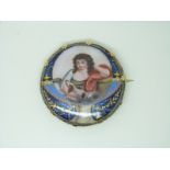 A 19thC brooch set with a portrait in enamel on a copper ground depicting a young woman with a