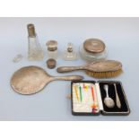 Six hallmarked silver mounted / topped dressing table items including mirror, brush, powder pot etc,