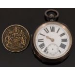English hallmarked silver gentleman's open faced pocket watch with single gold hand,