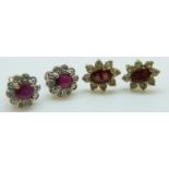 A pair of 9ct gold earrings set with rubies and diamond and another pair of 9ct gold earrings