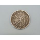 An 1869 Napoleon III 5 Franc coin, nice tone, Paris mint mark,