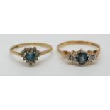 Two 9ct gold rings set with topaz and diamonds (size P and N)