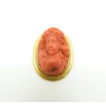 An 18ct gold brooch set with a carved coral cameo depicting a woman with grape vines in her hair, 3.