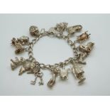 A silver charm bracelet with 13 charms including cat, owl, dog, turtle,