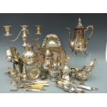 A collection of plated ware including a Guernsey cream jug, height 16cm, tea set, dishes,