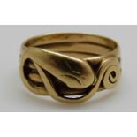 A yellow metal Victorian ring in the form of a snake, 5.