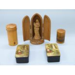 Papier mache Lourdes snuff boxes, carved wooden travelling reliquary,