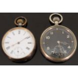 Two keyless winding gentleman's open faced pocket watches one military style with Arabic numerals,