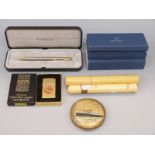 Parker pen, compact, cigar and holder,