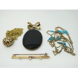A 9ct gold necklace, Victorian enamel necklace and Victorian brooch,
