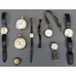 Nine ladies and gentleman's wrist and pocket watches including a silver ladies fob watch,