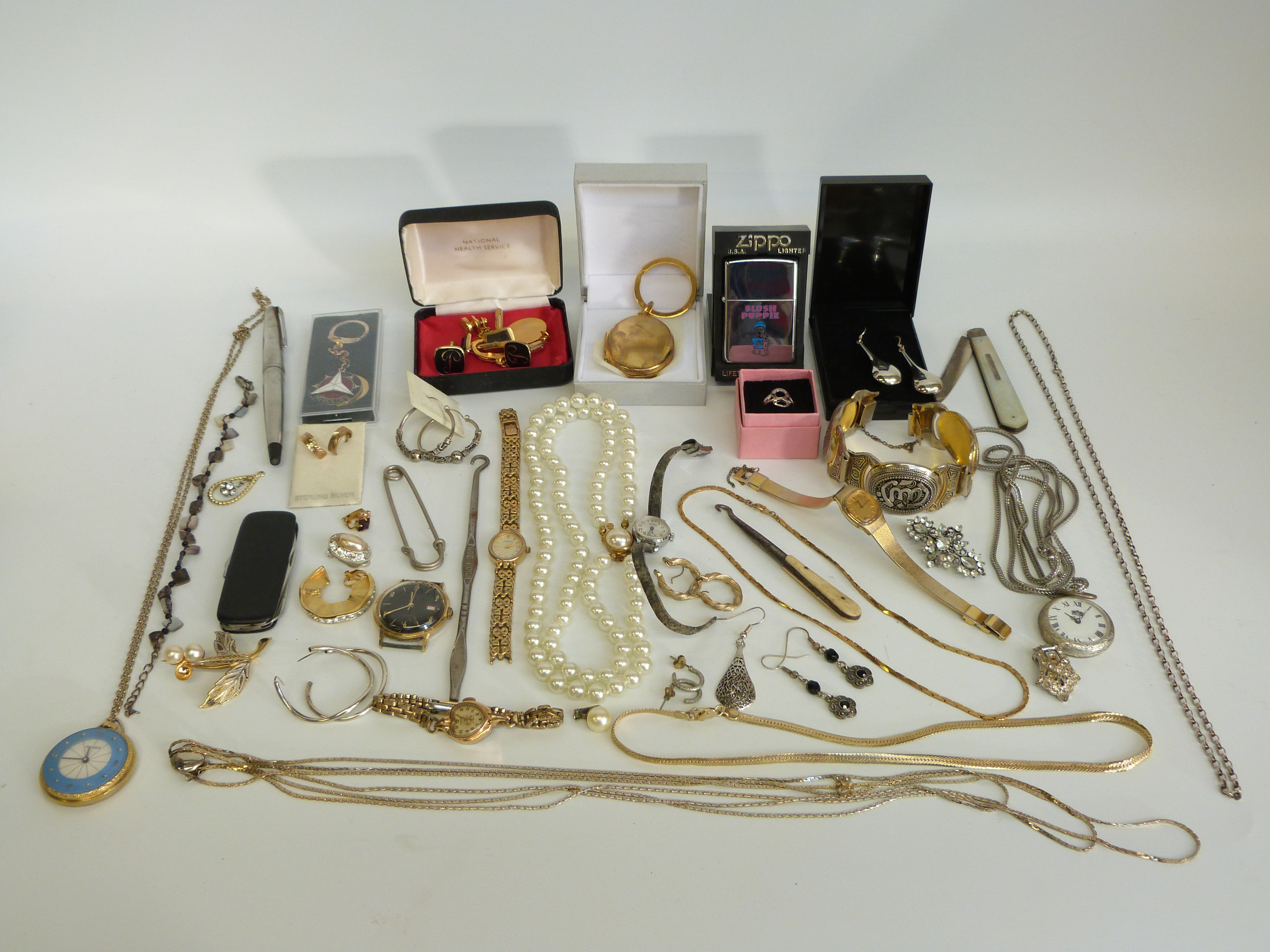 A collection of costume jewellery, watches, silver penknife, Zippo lighter, - Image 2 of 17