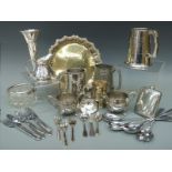 A collection of metalware to include three pewter tankards, bud vase, two EPNS jugs, salver,