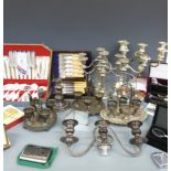 A quantity of silver plate including cased cutlery, candelabra, watches including Rotary,