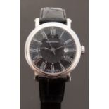 Swiss Master gentleman's wristwatch with date aperture, Roman numerals, silver hands and black face,