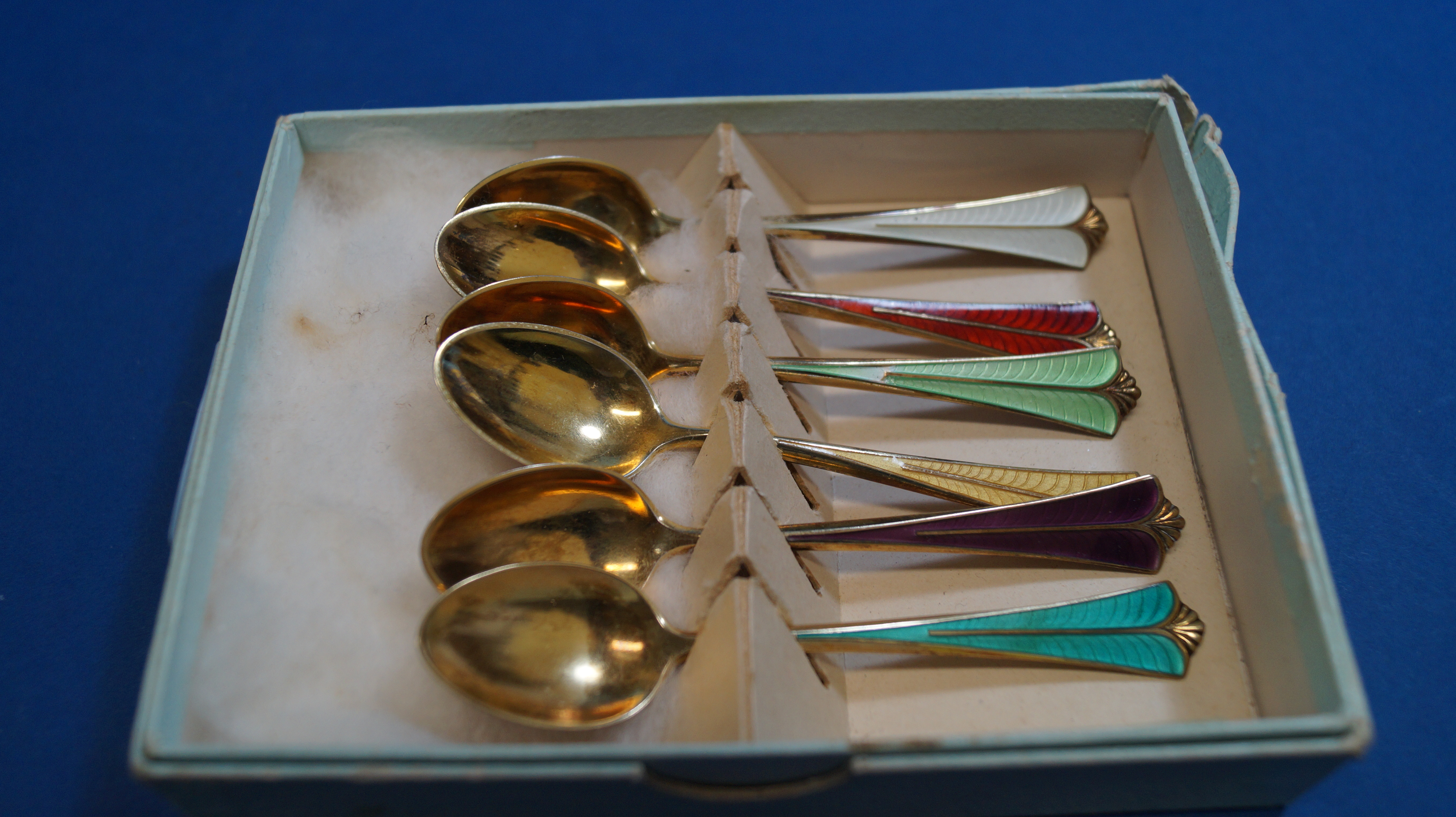 A boxed set of six silver gilt and enamel coffee spoons, by D A, 10cm. - Image 2 of 4