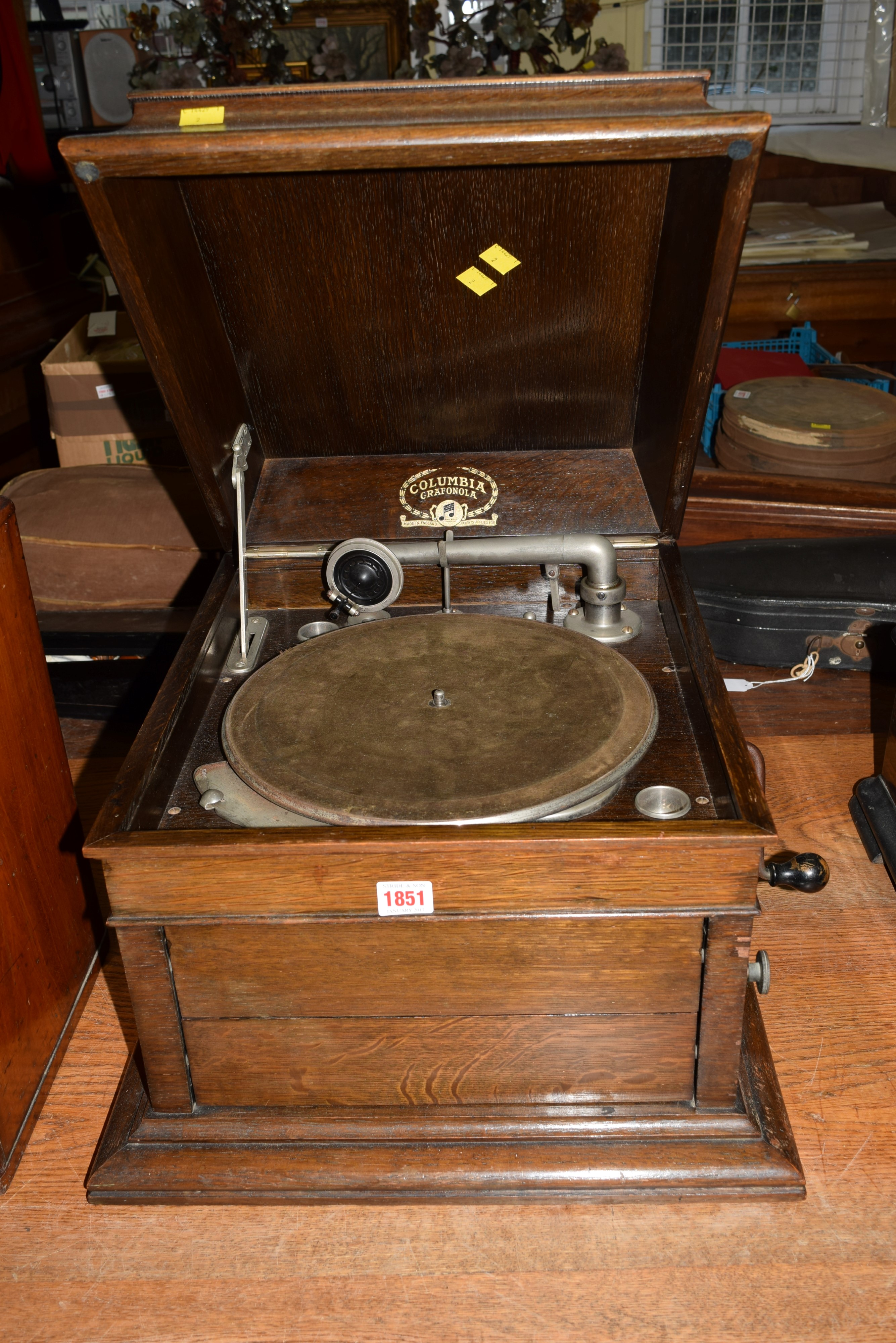 An oak cased Columbia Graffanola tabletop gramophone.