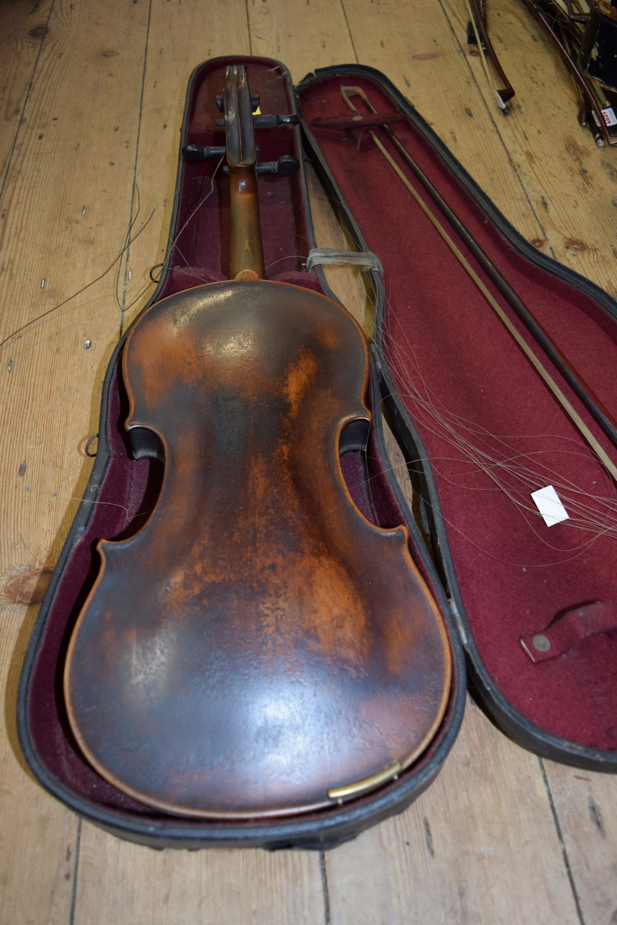 An antique Continental violin, with 14 inch back, cased and with bow. - Image 2 of 5