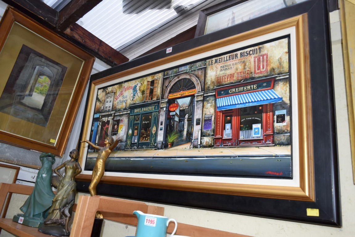 Louis Robichaud, French shop fronts, signed, oil on canvas, 42.5 x 101cm.