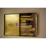 Eleven various antique penknives; together with a cut throat razor, in box.