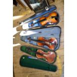 Three various violins, with 12, 12½ and 13 inch backs respectively, each boxed.