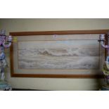 Ernest Stuart, crashing waves, signed, watercolour, 26 x 73cm.