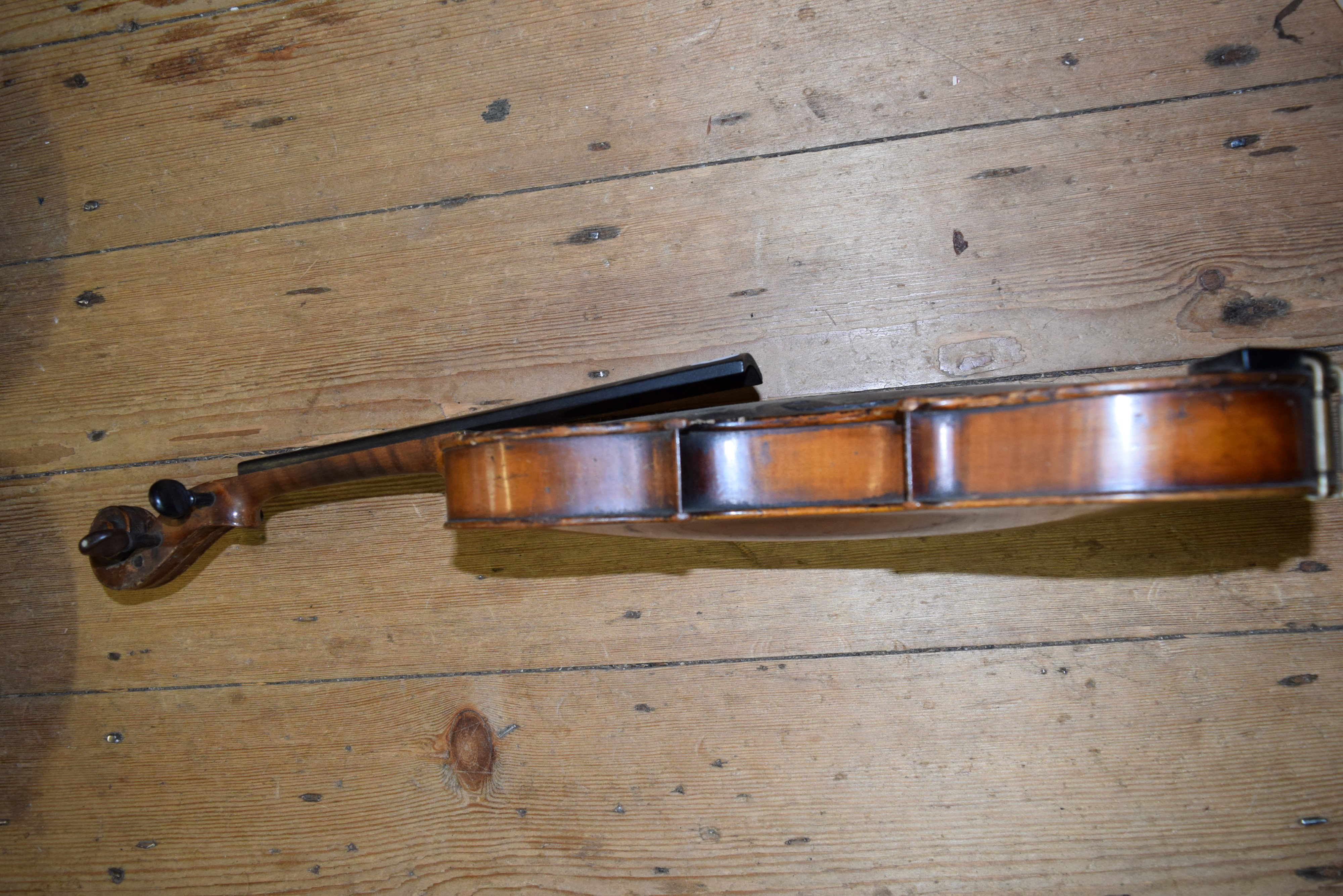 An antique Continental violin, with 14 inch back, labelled and stamped 'Maggini', in wood case. - Image 3 of 4