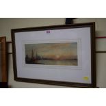 A Haas, Dutch river scene at dusk, signed, watercolour, 13 x 34cm.