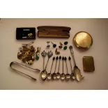 A mixed lot, to include: silver coffee spoons; cufflinks; a Yard O'Led propelling pencil, in box,