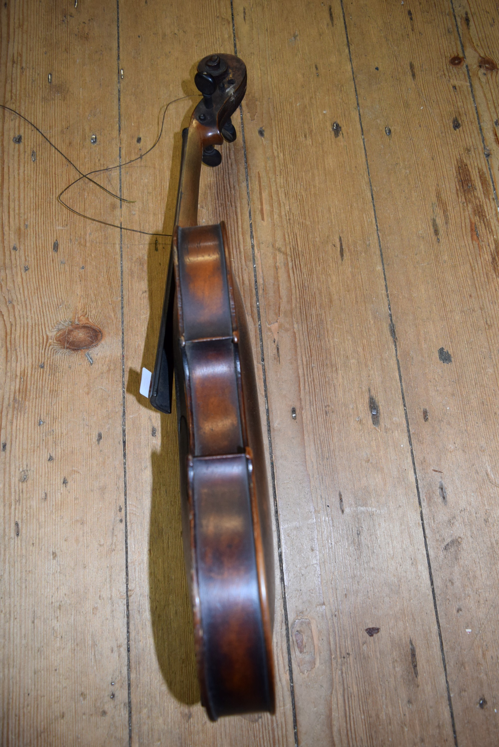 An antique Continental violin, with 14 inch back, cased and with bow. - Image 3 of 5