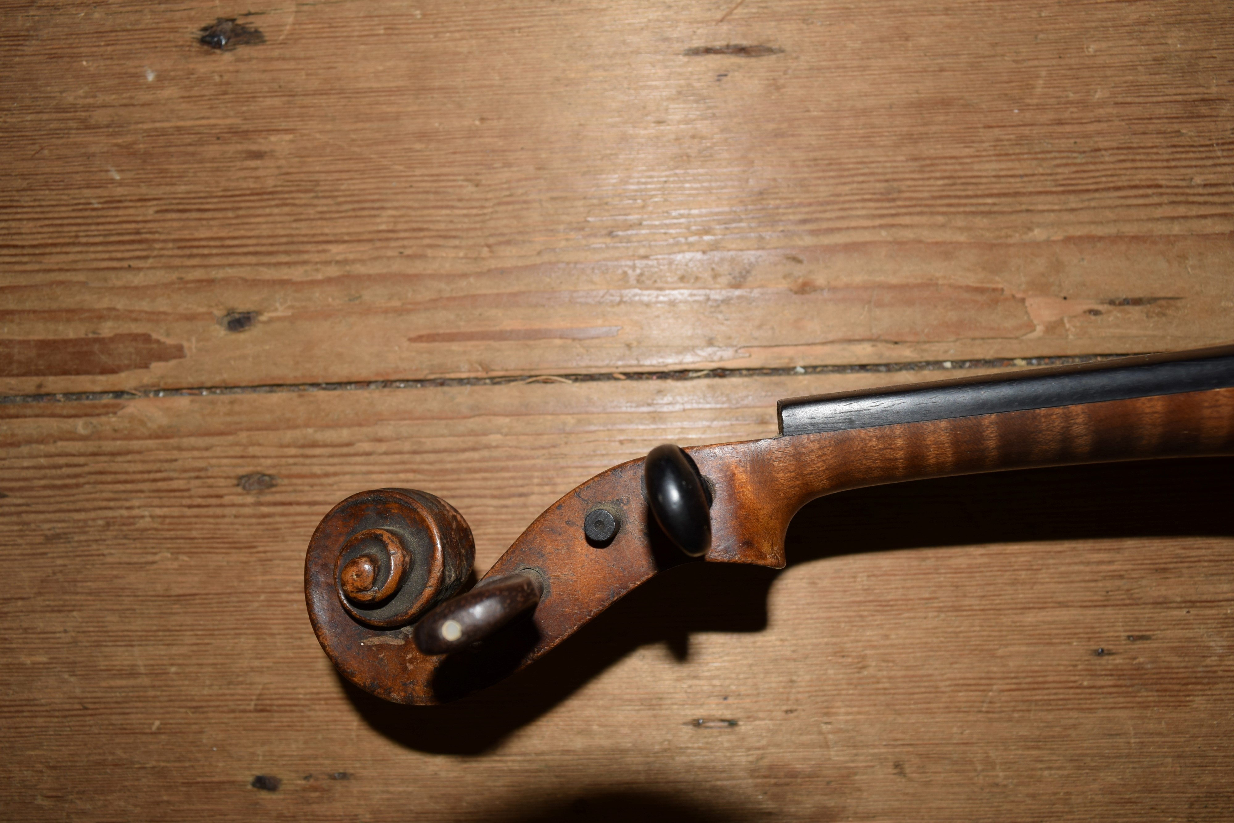 An antique Continental violin, with 14 inch back, labelled and stamped 'Maggini', in wood case. - Image 4 of 4