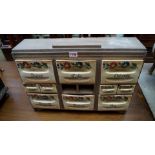 An antique French kitchen storage chest, with pottery drawers, 53cm wide.