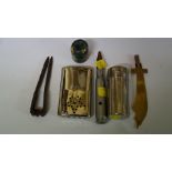 A Trench Art brass letterknife; together with a vintage hand warmer; and other items.