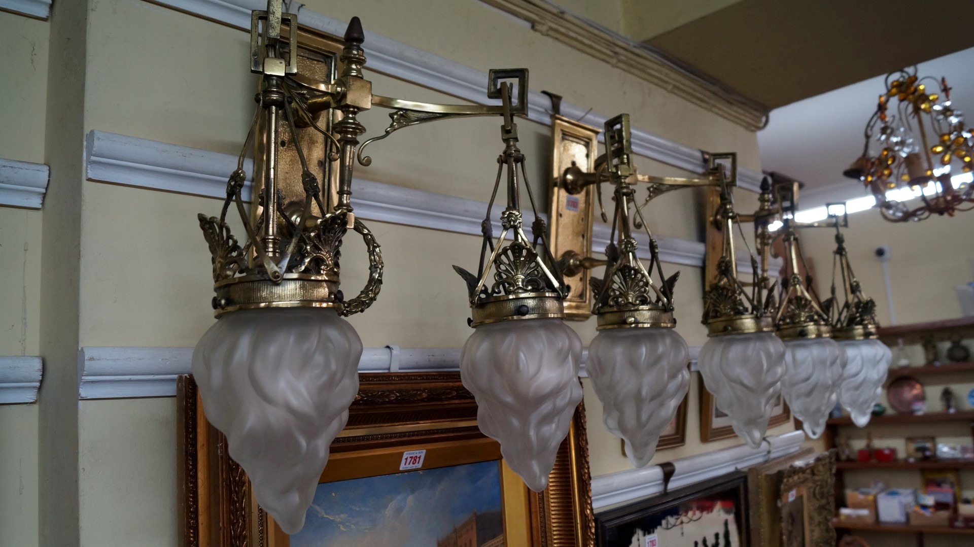 A good set of three Regency style brass twin branch wall lights, possibly from a train carriage,