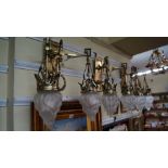 A good set of three Regency style brass twin branch wall lights, possibly from a train carriage,