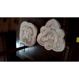 Two antique carved white marble plaques, one with motto 'No Cross, No Crown', largest 24cm wide.