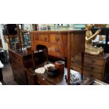 A reproduction, mahogany and line inlaid bowfront kneehole side table, 95.5cm wide.