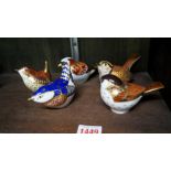 Five Royal Crown Derby Imari garden birds, each with gilt stopper.