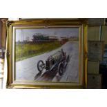Manner of Dion Pears, a 1920s racing car, bears signature, oil on canvasboard, 49 x 59.5cm.