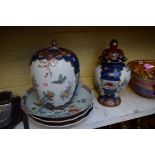 A small collection of Oriental porcelain, to include a pair of Japanese Imari chargers,