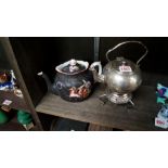 An electroplated small tea kettle on stand, total height 23.