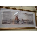 William Henry Pearson, Calais fishing boat off the coast, signed, watercolour, 26 x 68cm.