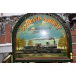 A painted wooden relief panel of a steam locomotive and tender, 60cm wide.