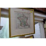 An antique hand-coloured map of France; together with an old needlework landscape.