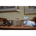 A Rye pottery cat; together with a Rye robin; three Poole stoneware birds;