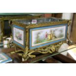 A late 19th century Sevres style and ormolu mounted rectangular jardiniere, total width 33cm,