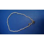 A graduated single strand pearl necklace having 9ct gold pearl and garnet clasp.