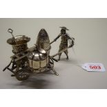 A Chinese silver novelty rickshaw cruet set, by Yok Sang, with spoons, 14.5cm long, 187g.