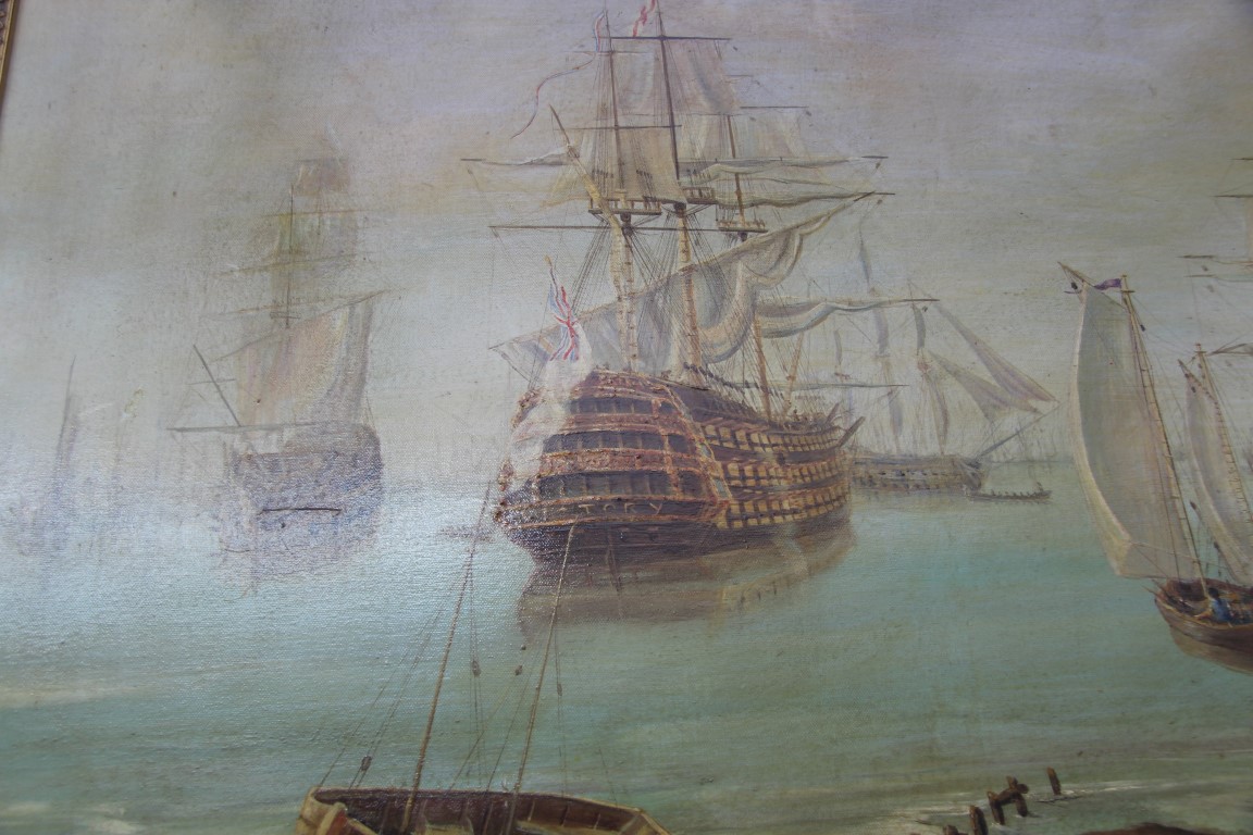 English School, galleons by shoreline, unsigned, oil on canvas, 59 x 90cm. - Image 2 of 4